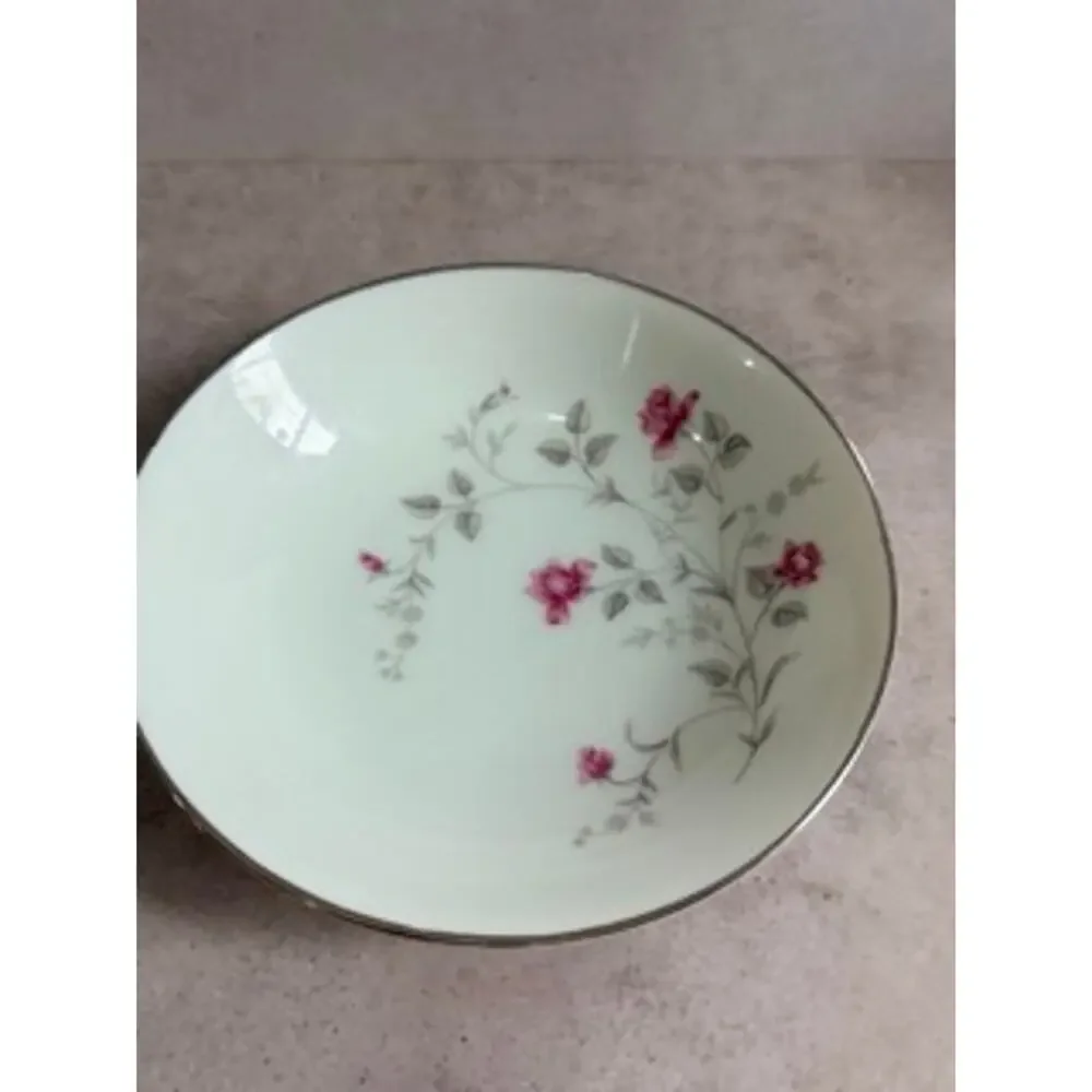 Vintage Canonsburg Floral Rose Bowl Silver Trim Pink Gray Flowers USA